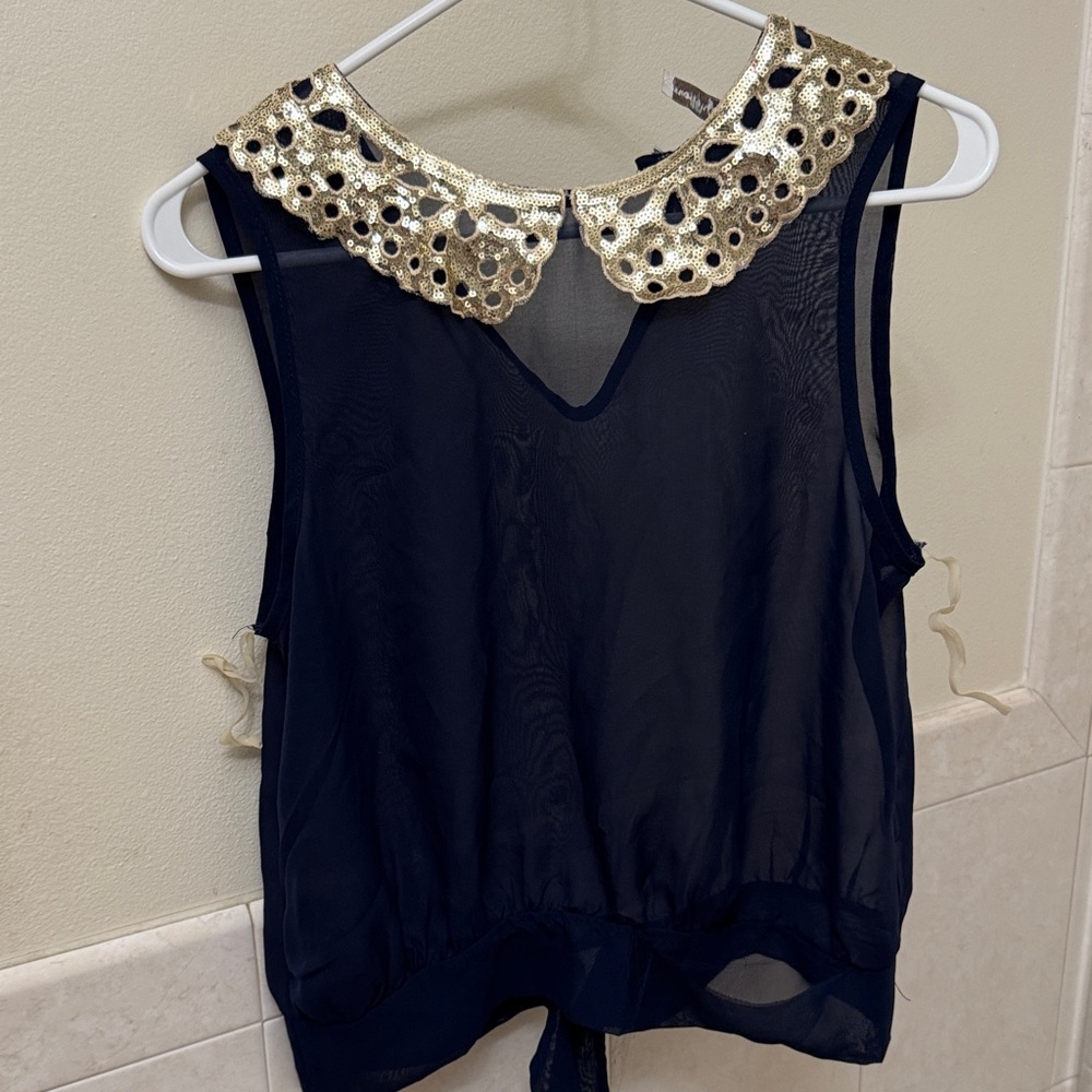 Elegant Navy Blue Sheer Top with Gold Collar